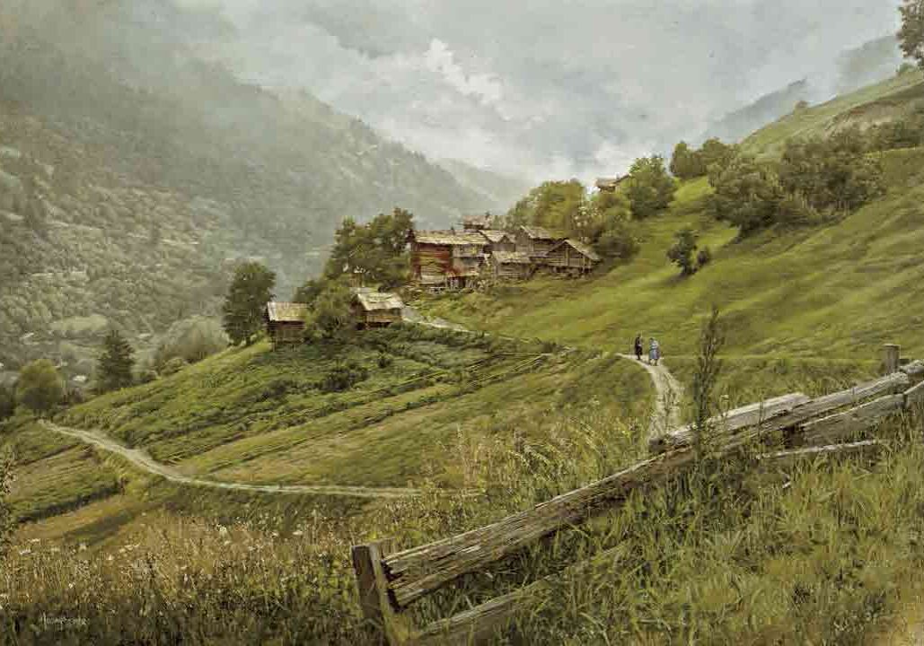 Cerise Swiss Village Near Sion, by Clark Hulings
